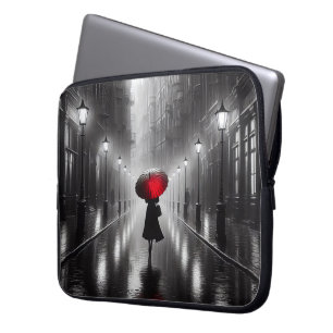 Funda Para Portátil Mujer En Lluvia Con Paraguas Rojo