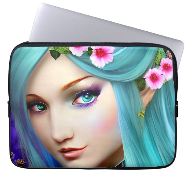 Funda Para Portátil Mujer Etérea Azul con Flores (Frente)