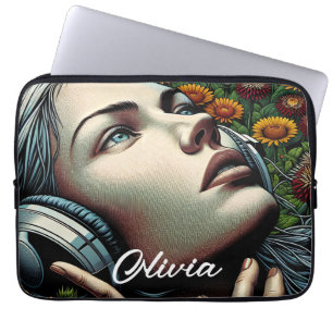 Funda Para Portátil Mujer hermosa con audífonos en girasoles