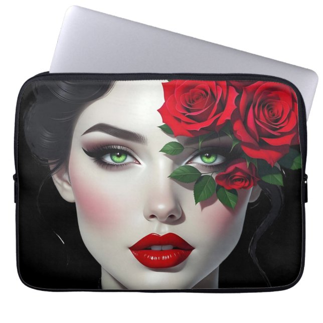 Funda Para Portátil Mujer Hermosa con Rosa Roja (Frente)