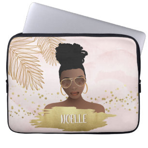 Funda Para Portátil Mujer negra, hojas y sombras de oro tropical, rosa