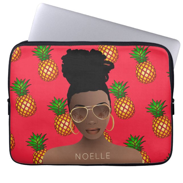 Funda Para Portátil Mujer negra, tonos dorados, patrón de piña, rojo (Frente)