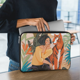 Funda Para Portátil mujer tigresa ilustración paisaje naranja femenino