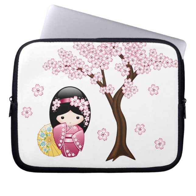 Funda Para Portátil Muñeca Kokeshi de primavera - Chica Geisha japonés (Frente)