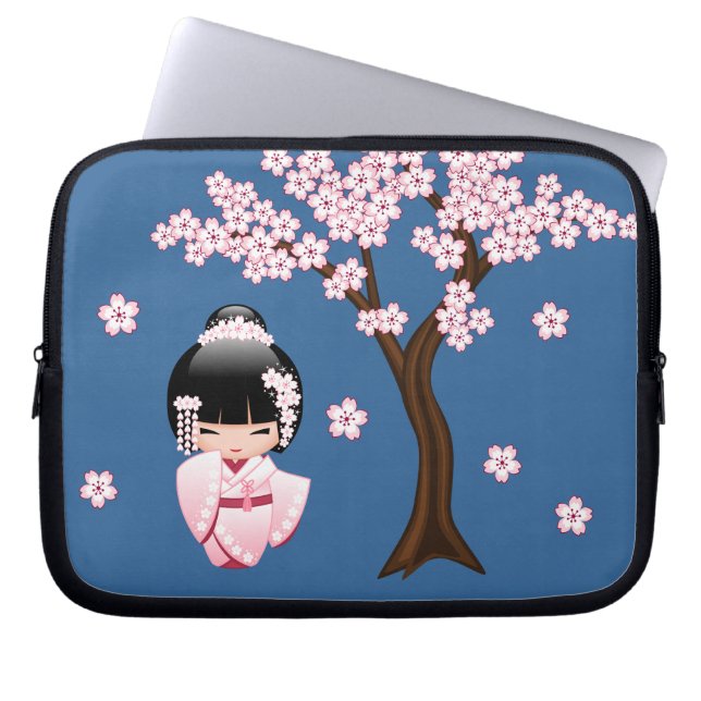 Funda Para Portátil Muñeca Kokeshi kimono blanca - Chica Geisha lindo (Frente)