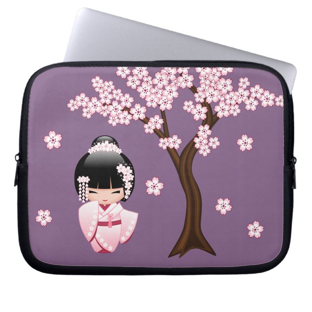 Funda Para Portátil Muñeca Kokeshi kimono blanca - Chica Geisha lindo (Frente)
