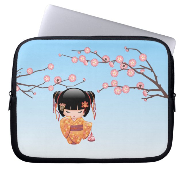 Funda Para Portátil Muñeca Ume Kokeshi - Azul Chica Geisha japonés (Frente)