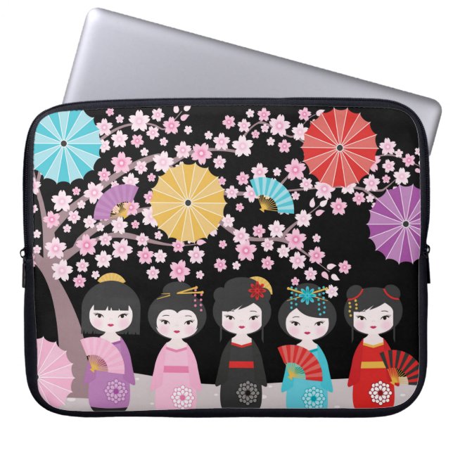 Funda Para Portátil Muñecas kokeshi japonesas negras (Frente)