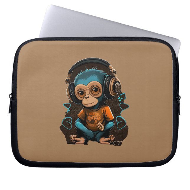 Funda Para Portátil Música Cute Monkey Escuchando, Música Mono Inmerso (Frente)