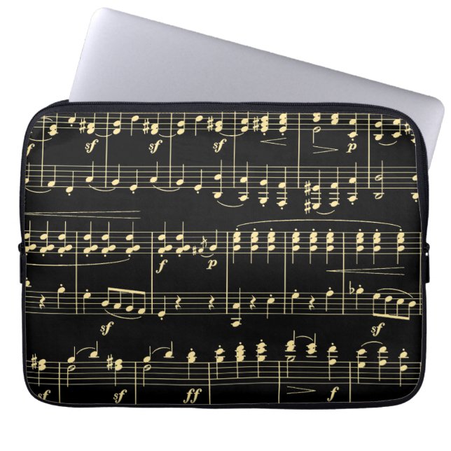 Funda Para Portátil Música dorada en negro (Frente)