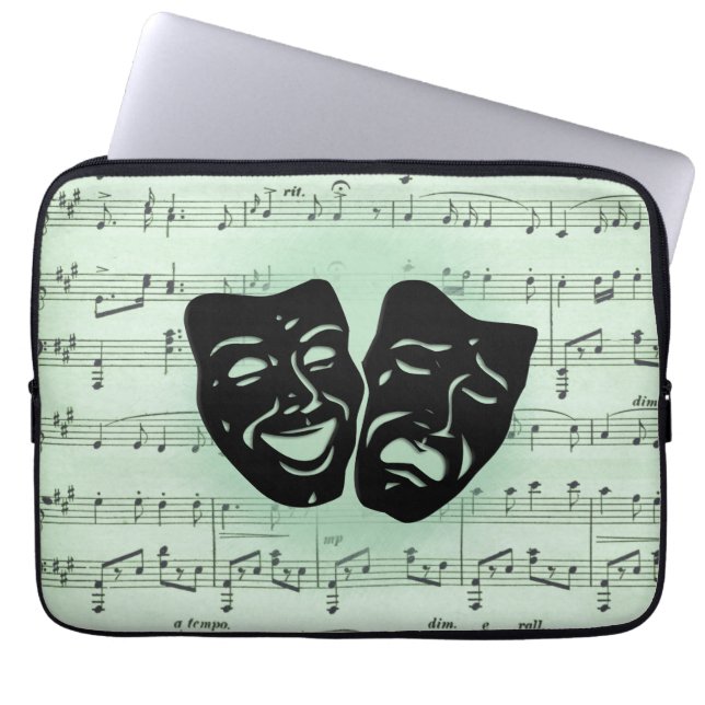 Funda Para Portátil Música verde y máscaras griegas de teatro (Frente)