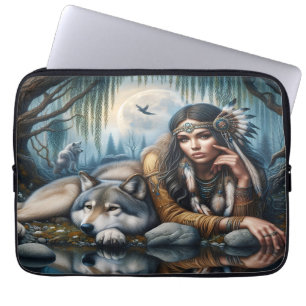 Funda Para Portátil Mystical Una Nativa Estadounidense Con Lobos