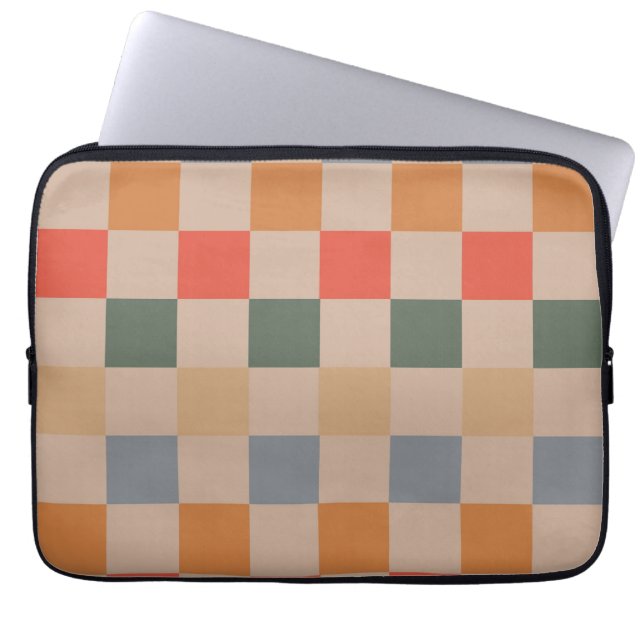 Funda Para Portátil Naranja azul beige Brown Checkered Gingham Pattern (Frente)