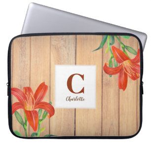 Funda Para Portátil Naranja de acuarela rusa Lily Art Monograma