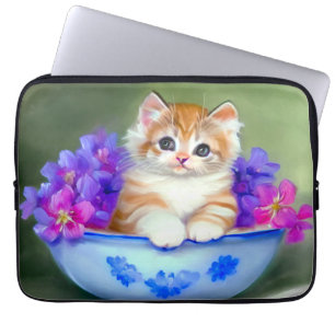 Funda Para Portátil Naranja de época y Ilustracion de gatito blanco