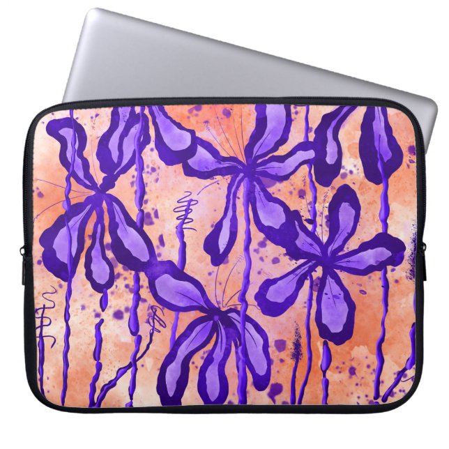 Funda Para Portátil Naranja de flores entintadas y violeta (Frente)