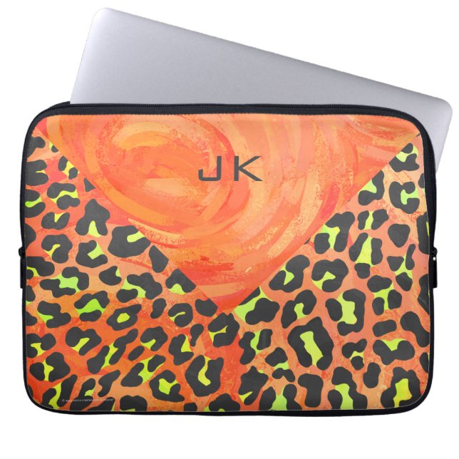 Funda Para Portátil Naranja de monograma leopardo e impresión amarilla (Frente)
