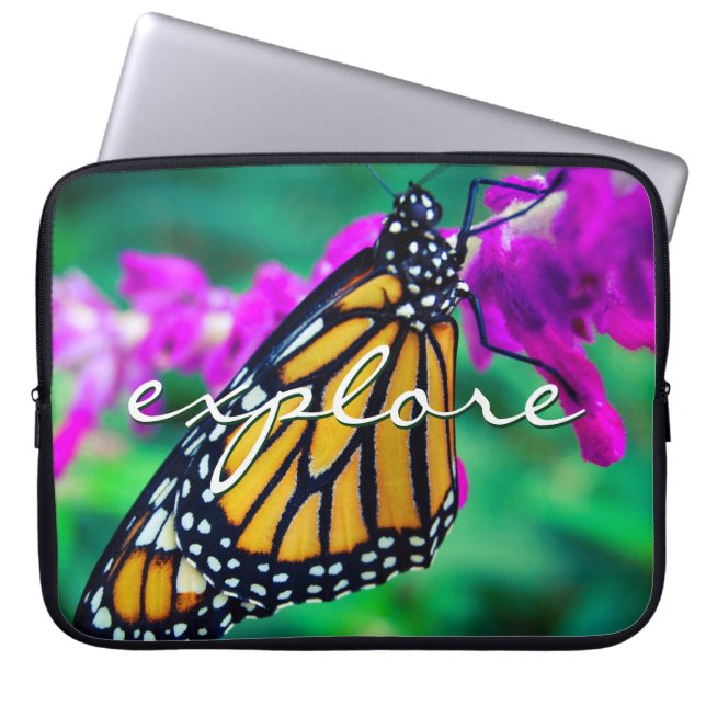 Funda Para Portátil Naranja Monarch Mariposa Explorar Script Moderno (Frente)