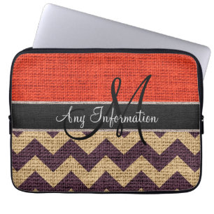 Funda Para Portátil Naranja Monograma Chevron Zigzag Burlap Jute
