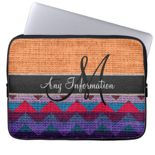 Funda Para Portátil Naranja Monograma Chevron Zigzag Burlap Jute