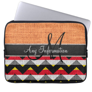 Funda Para Portátil Naranja Monograma Chevron Zigzag Burlap Jute