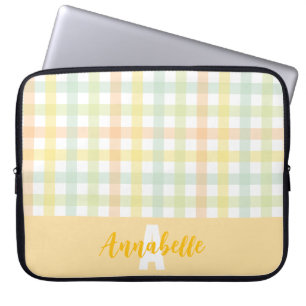 Funda Para Portátil Naranja Pastel azul amarillo verde Gingham Monogra