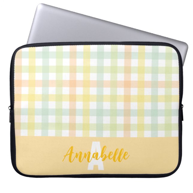 Funda Para Portátil Naranja Pastel azul amarillo verde Gingham Monogra (Frente)