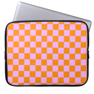 Funda Para Portátil Naranja + Patrón de tablero de cheques rosados