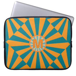 Funda Para Portátil Naranja y Azul Retro Sunbeam Monograma Fresco
