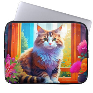 Funda Para Portátil Naranja y gato blanco sentados en la ventana de la