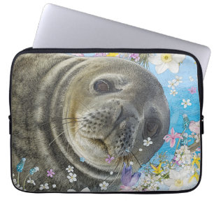 Funda Para Portátil Natación de leones marinos en flores