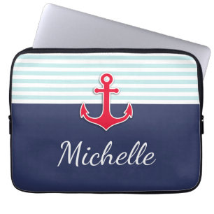 Funda Para Portátil Nautical Dark Blue Red Design Nombre personalizado