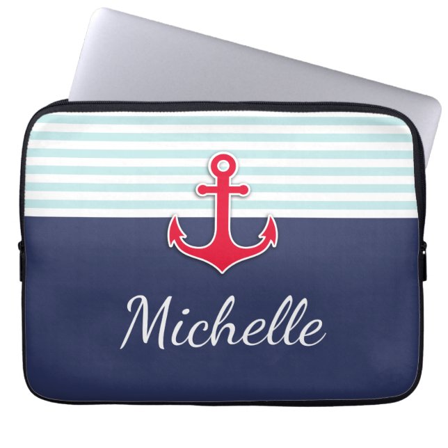 Funda Para Portátil Nautical Dark Blue Red Design Nombre personalizado (Frente)