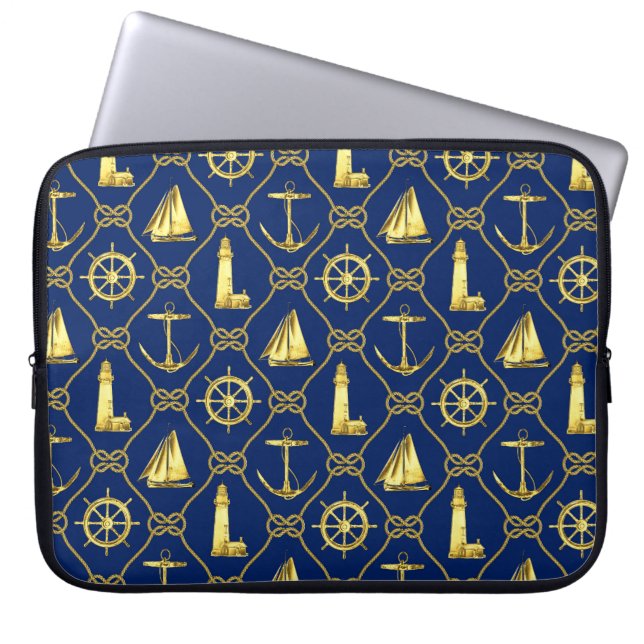 Funda Para Portátil Nautical Rope Anchor Sailboat Marina Oro Azul (Frente)