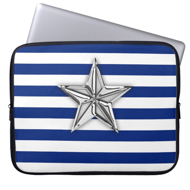 Funda Para Portátil Nautical Silver Star Design on Stripes (Frente)