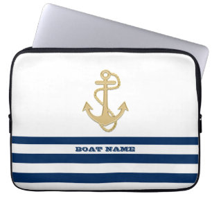 Funda Para Portátil Náutico, Ancla Dorada  Azul Marino Rayas Blancas