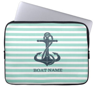 Funda Para Portátil Náutico,Ancla,Rayas Verde Menta