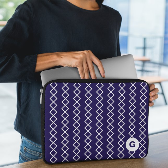 Funda Para Portátil Navy Blue Monograma Geométrico Portátil Manga (Subido por el creador)