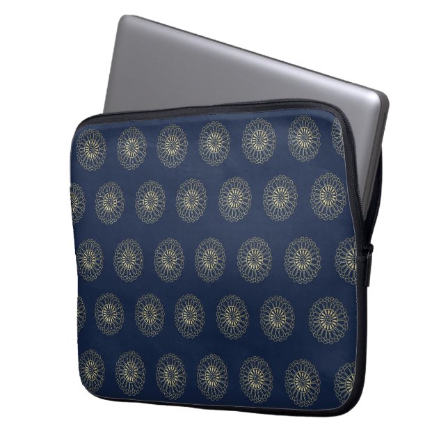 Funda Para Portátil Navy | Golden Zinnia Flower Medallions (Anverso izquierdo)