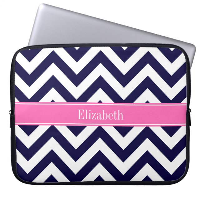 Funda Para Portátil Navy Lg Chevron HotPink2 Quatrefoil Nombre Monogra (Frente)