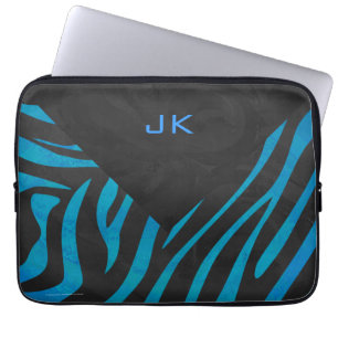 Funda Para Portátil Negro cebra y azul con monograma