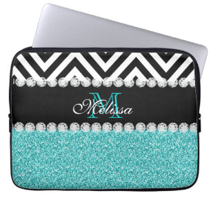 FUNDA PARA PORTÁTIL NEGRO CHEVRON DEL PURPURINA DE LA AGUAMARINA CON