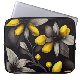 FUNDA PARA PORTÁTIL NEGRO CON FLORES AMARILLOS Y GRIS