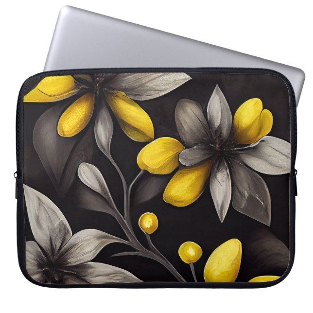 FUNDA PARA PORTÁTIL NEGRO CON FLORES AMARILLOS Y GRIS (Frente)