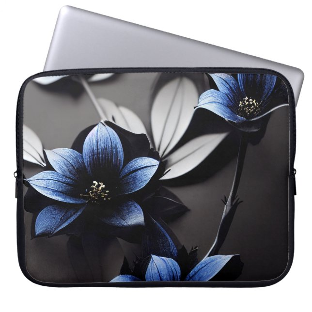 FUNDA PARA PORTÁTIL NEGRO CON FLORES AZULES OSCUROS (Frente)