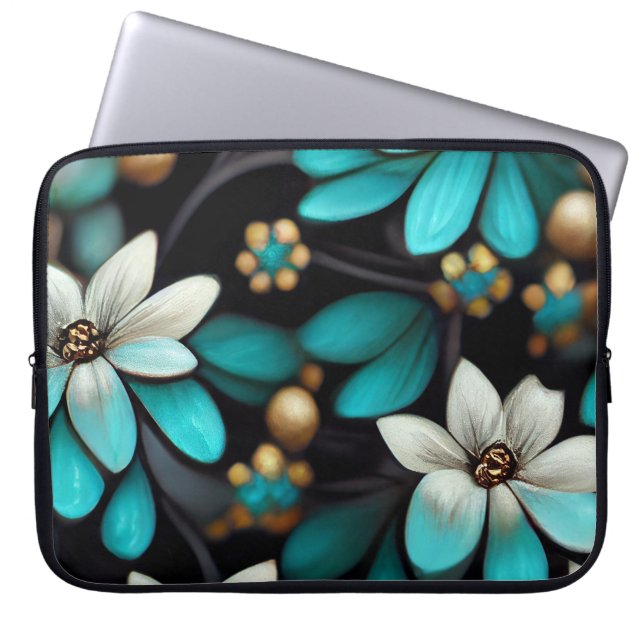FUNDA PARA PORTÁTIL NEGRO CON FLORES DELICADOS EN AQUA Y BLANCO (Frente)