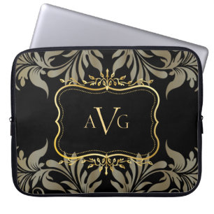 Funda Para Portátil Negro Damask lujo con marco de oro vintage