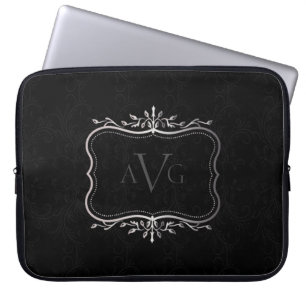 Funda Para Portátil Negro Damask lujo con marco de plata vintage
