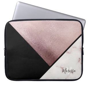Funda Para Portátil Negro femenino y monograma color de rosa del