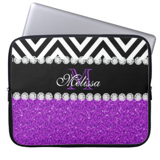 FUNDA PARA PORTÁTIL NEGRO PÚRPURA CHEVRON DEL PURPURINA CON MONOGRAMA